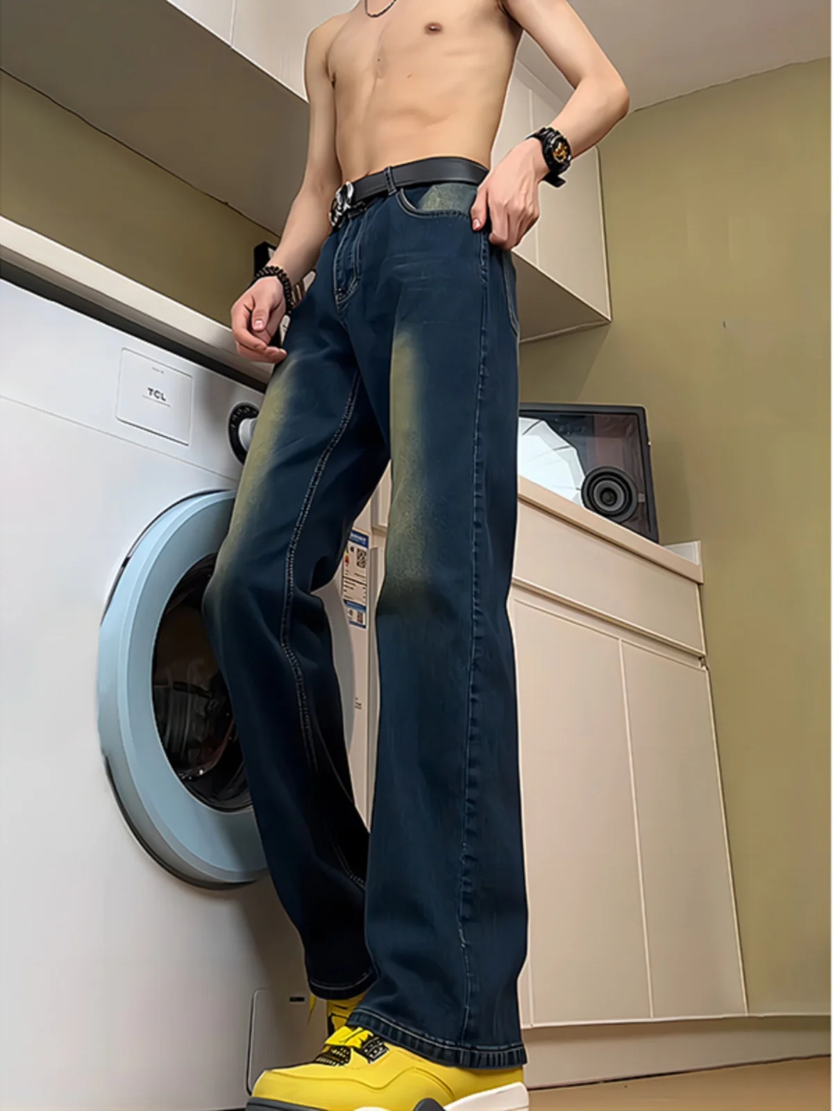 

Deep Blue High Waist Men's Jeans Elastic Slim Fit American Vibe Pants Leg Lengthening Knife Flared Pants Youth Faion