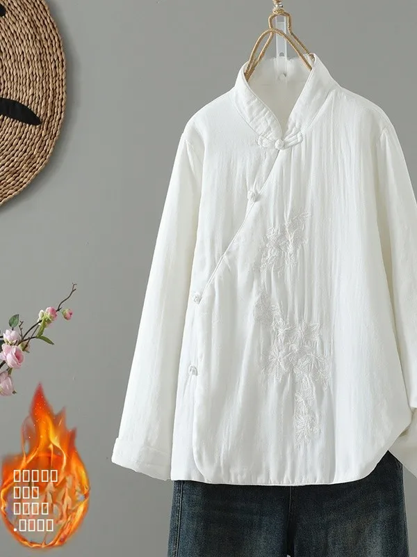 سترة من القطن مع أزرار جانبية مطرزة، ملابس خارجية نسائية صينية لموسم الشتاء، ياقة واقفة طويلة