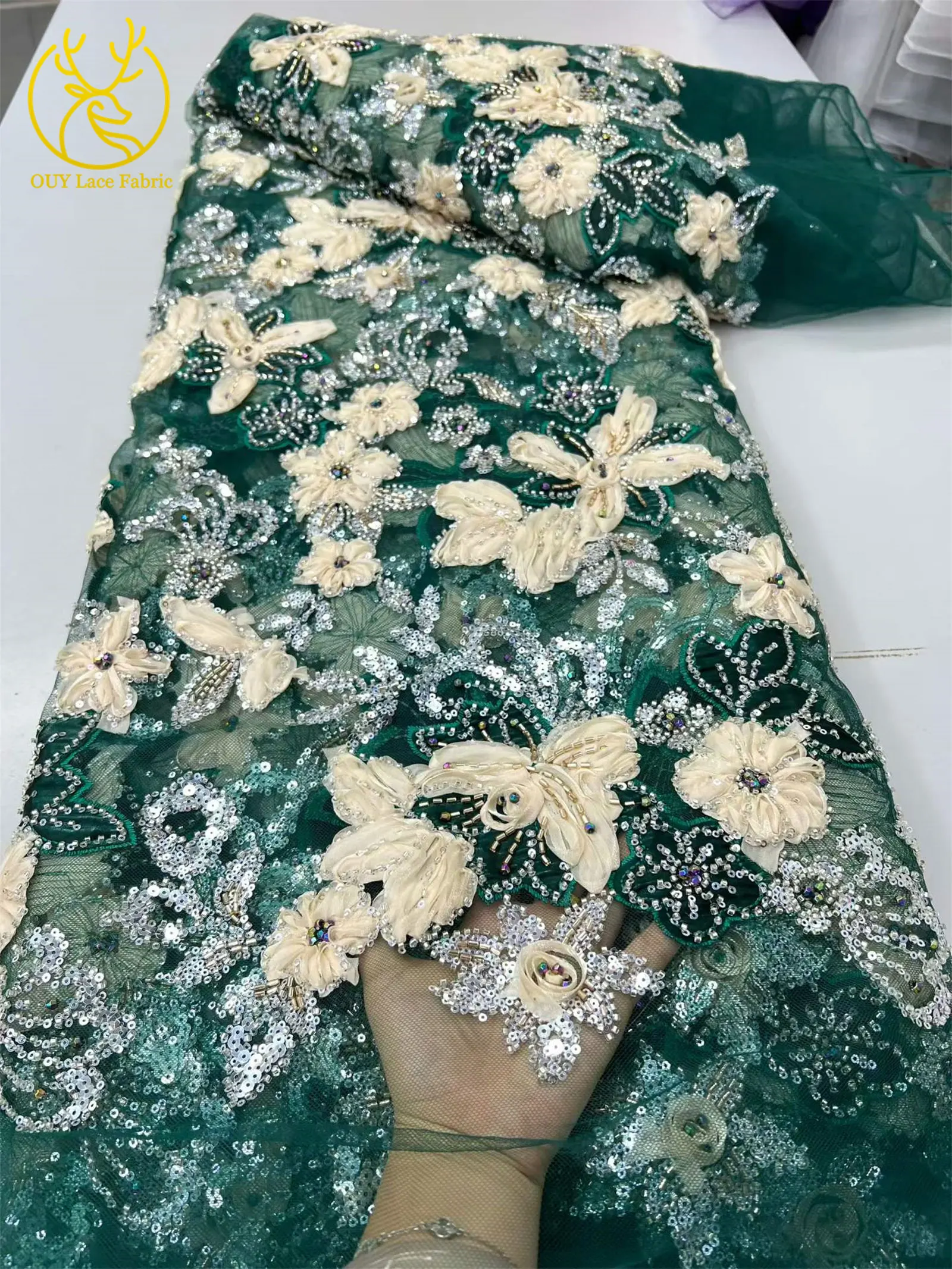 Eleganter 3D-Blumen-Spitzenstoff mit afrikanischen Perlen, französischer nigerianischer Pailletten-Mesh-Tüll-Spitzenstoff für Hochzeits- und Partykleider, Nähen, 5Y – Detail 8