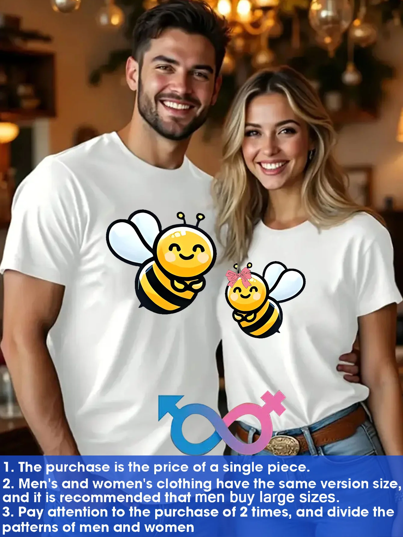 

Romantic Couple Matching Printed Short Sleeve T shirt with Male and Female Bee Pattern Valentine's Day Outfit Polyester