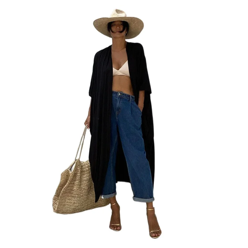 Vestido de playa con cinturón para mujer, Kimono de Color liso, ropa de playa, traje de baño, cárdigan