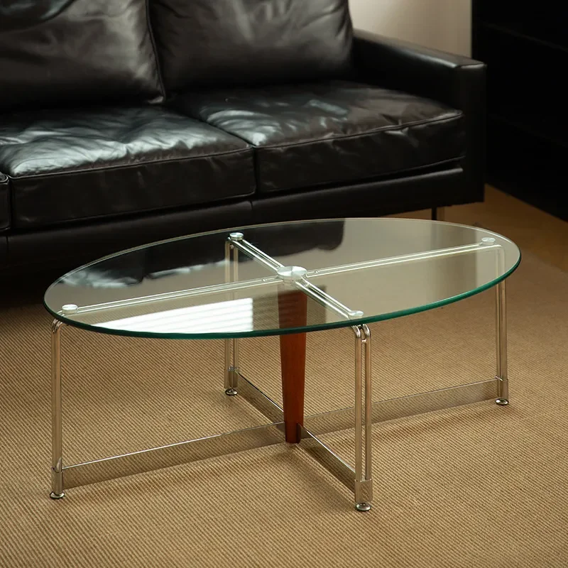 Nordic Retro Oval Coffee Table Stainless Steel Glass Modern Simple Living Room Furniture for Small Apartment Household 2026