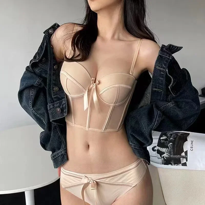 Lace Bra Sexy Mesh Underwear Women Hollow Out Shape Half Cup Soft Bralette Anti-sag Push Up Bow Thicken Women Underwear Set