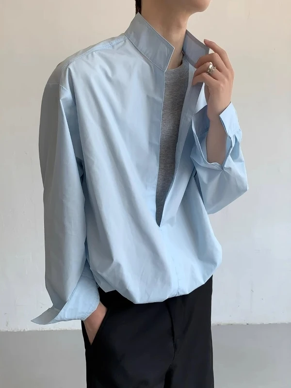 

Мужская рубашка с длинным рукавом в корейском стиле, однотонная, с воротником-стойкой, свободного кроя, из полиэфирного волокна, износостойкая.