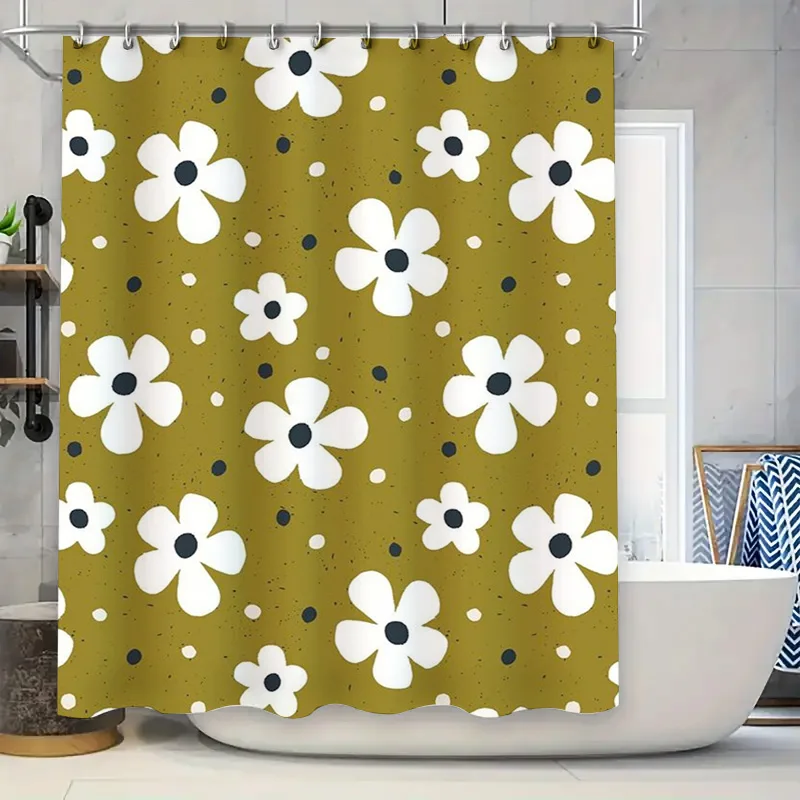 Vintage Floral Shower Curtain White Black Bloom Print Green Bath Rug Decoration Waterproof Fabric Bathroom Decor for Home Modern