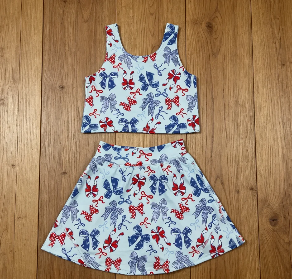 Wholesale Baby Girl Yoga Active Clothing Toddler Bows 4th of July Shirt Skirt Shorts Kids Skort Blue Set Athletic Summer Clothes