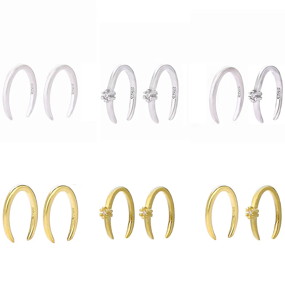 

925 Sterling Silver Simple Luxury C Shape Stud Earrings For Women Horseshoe Hoop Earrings Single Zirconia Circle Studs 6 Colors