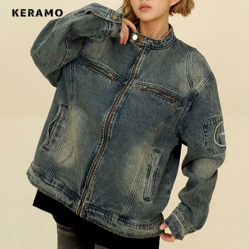 2024 Winter Korean Fashion Women's Fashion Loose Y2K Coat Casual Round Neck Baggy Blue Zipper Pockets Retro Denim Jacket