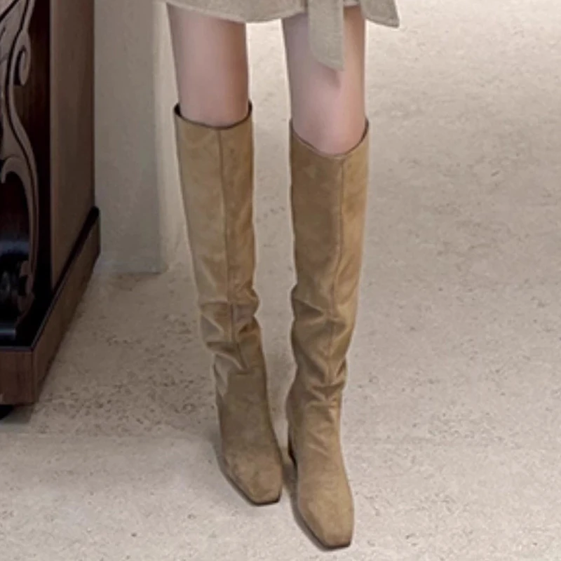 

New Women Knee High Boots Fashion Stack Slouch Boot Exquisite Square Head High Heeled Boots for Woman Designer Shoes Botas Mujer