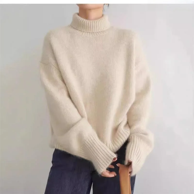 Women's High Ne Knitted Sweater Loose Fit Overhead Sle Autumn Winter Faion Comfortable Base Layer irt Outerwear