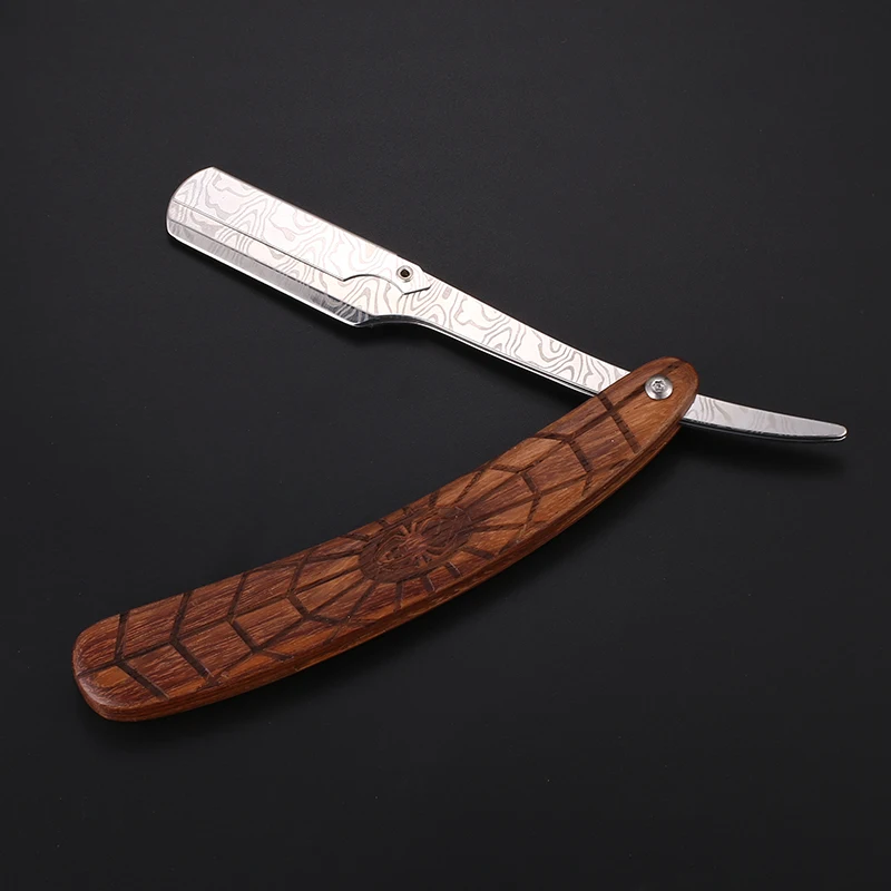 Wooden Trimmer Manual Shaver Professional Straight Edge Stainless Steel Sharp Barber Razor Pattern Carving Handle(without blade)