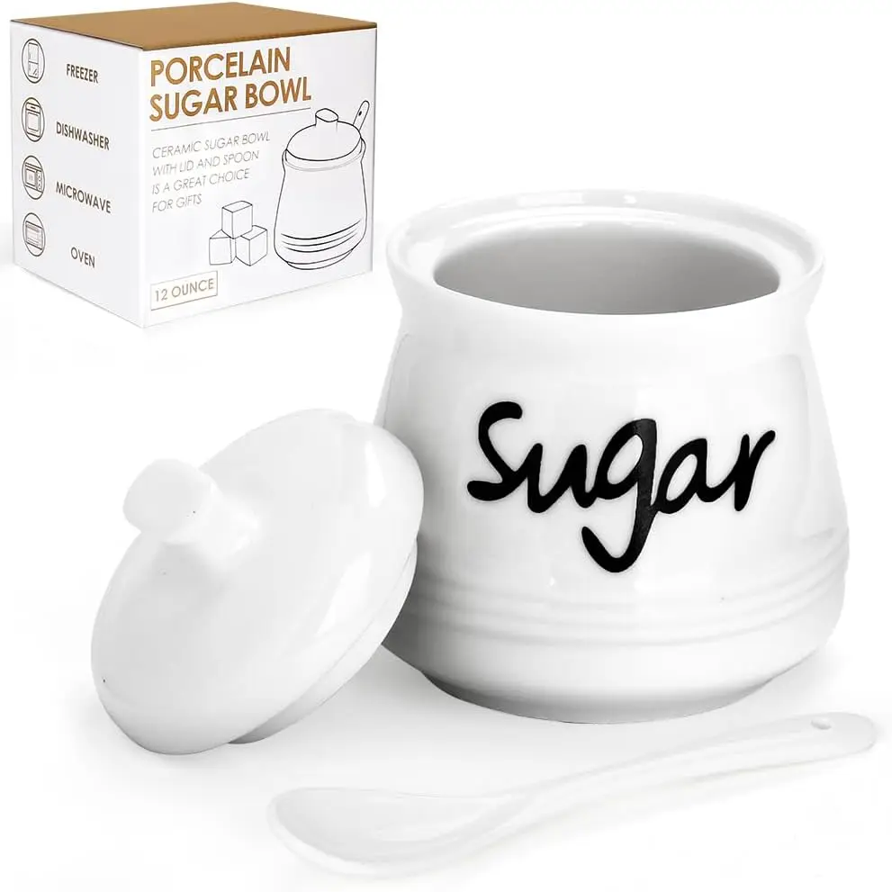 

Ceramic Sugar Bowl with Lid and Spoon, 12oz Porcelain Sugar Jar for Kitchen Decor