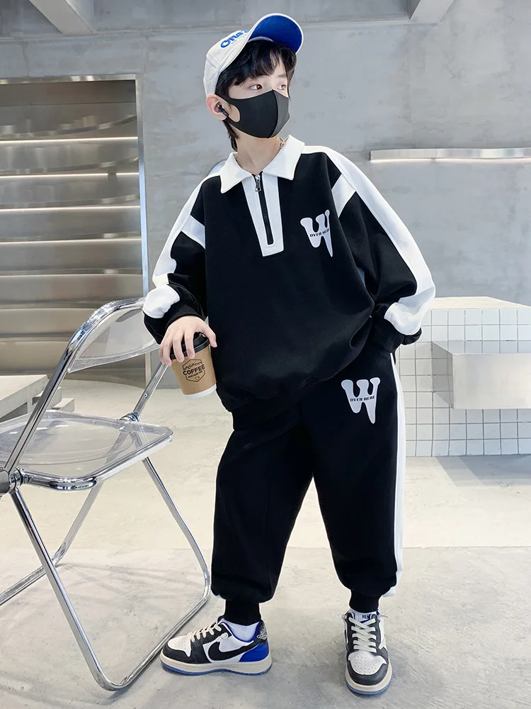 Spring Fall Fashion Boys Cotton Letter Zipper Design Tops+Casual Pants School Kids Tracksuit Children 2-Piece Outfits 5-14Year