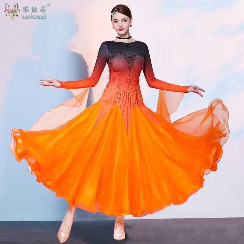 costume-de-spectacle-de-danse-de-salon-robes-orange-degradees-a-manches-longues-haut-de-gamme-danse-moderne-valse-tango-vetements-ioniques-de-competition