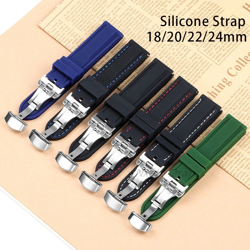 男性用シリコンウォッチバンド,バタフライバックル付きリストバンドアクセサリー,耐水性,クイックリリース,スポーツ,18mm, 20mm, 22mm, 24mm