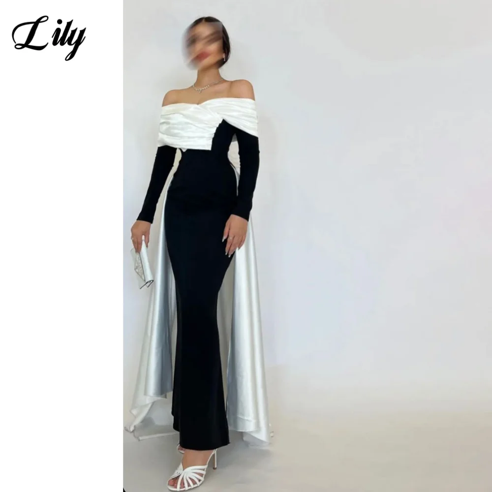 

Lily White and Black Elegant Formal Gown Off the Shoulder Three-Quarter Sleeves Prom Dresses Mermaid Evening Dresses Customized