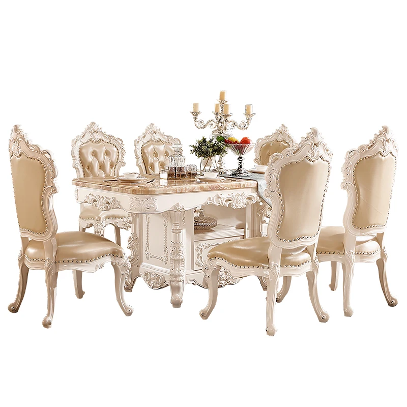

Luxury European marble dining table storage rectangular solid wood carving flower