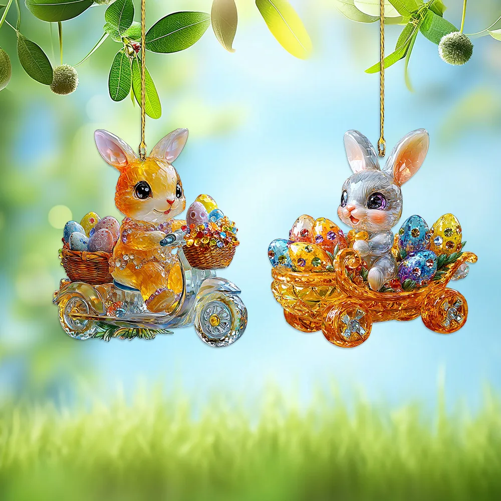 2D Acrylic Sparkling Easter Rabbit Egg Keychain Charm Car Backpack Hanging Pendant Easter Party Decoration Kids Gift