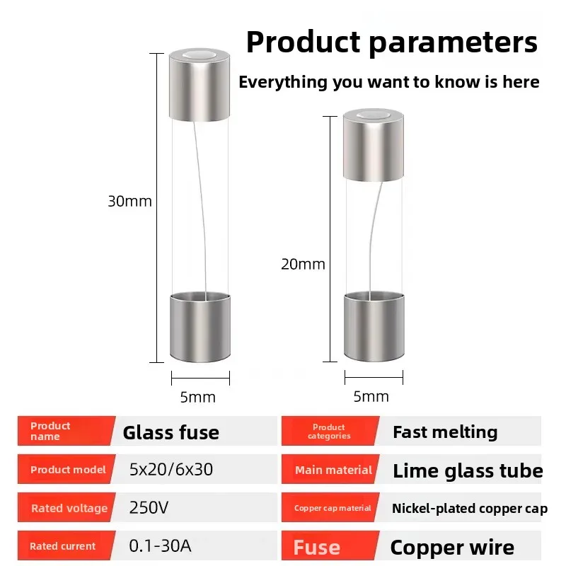 6*30 5*20 Glass Fuse Fast Fuse 250V 0.1A 0.2A 0.5A 1A 2A 3A 3.15A 4A 5A 6A 7A 8A 10A 12A 15A 20A 30A Quick Blow 5x20mm 6x30mm