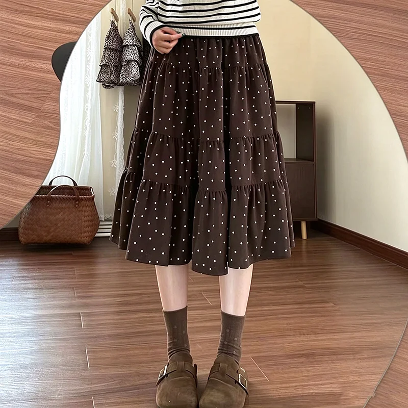 Women's Skirts Retro Corduroy Skirts High Waist Tiered Polka Dot Midi Skirts for Women Vintage Skirts Laides Casual Streetwear