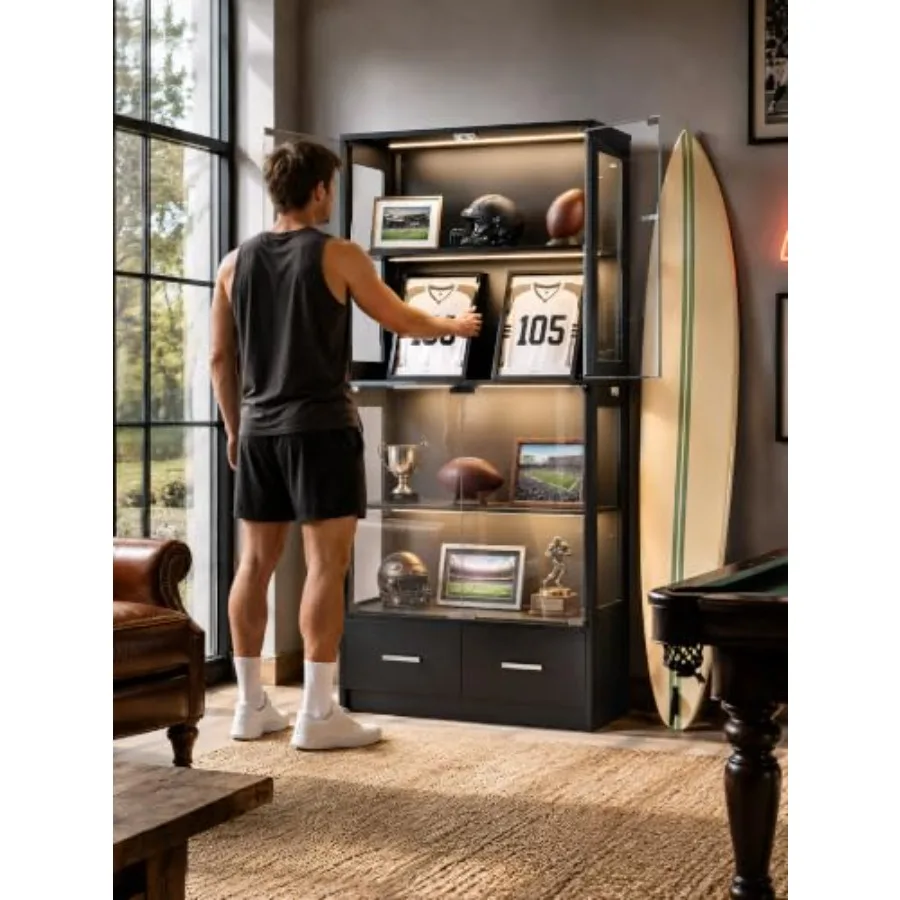 67-inch Glass Display Cabinet for Sports Memorabilia Black tempered glass, sleek black frame, anti-reflective display, secure l view 5