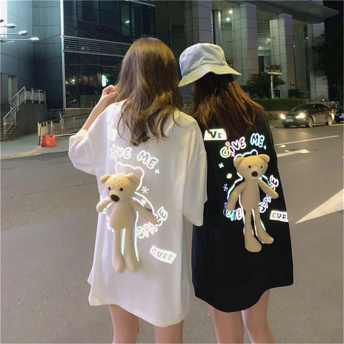 100% Cotton Cute Cartoon Tshirt With Bear Funny Loose Female Tee Fashion Japan Harajuku Gothic T Shirt Hip Hop Clothes T Shirt