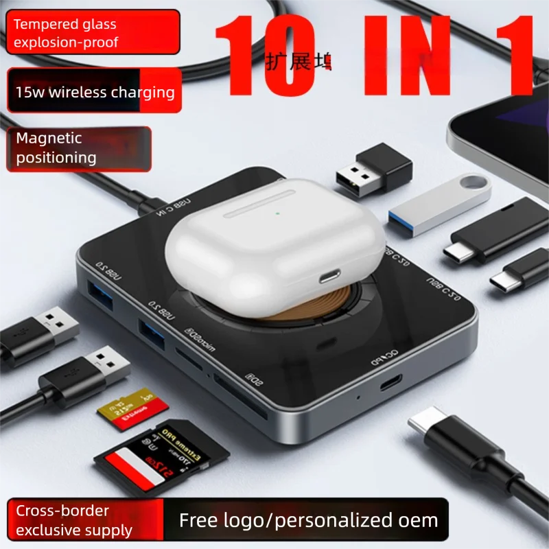 

Type-C docking station with 15W wireless fast charging, USB 3.0 hub, expansion interface, and laptop splitter