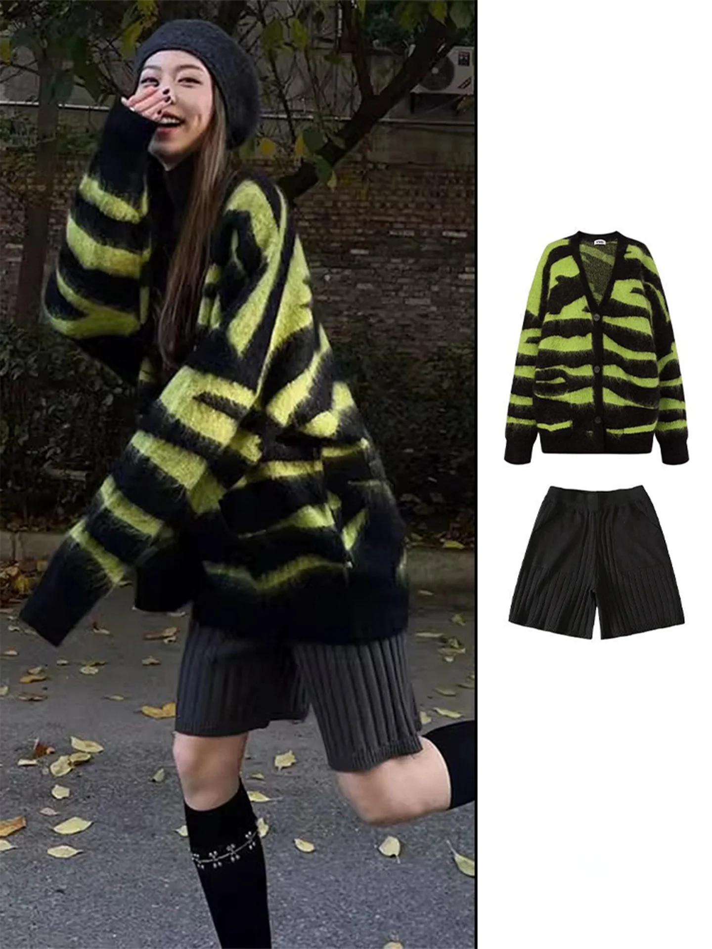 

Loose Straight Korean Style Green Striped Sweater Set Women's Autumn Winter Fashionable Knitted Shorts Two-Piece Set