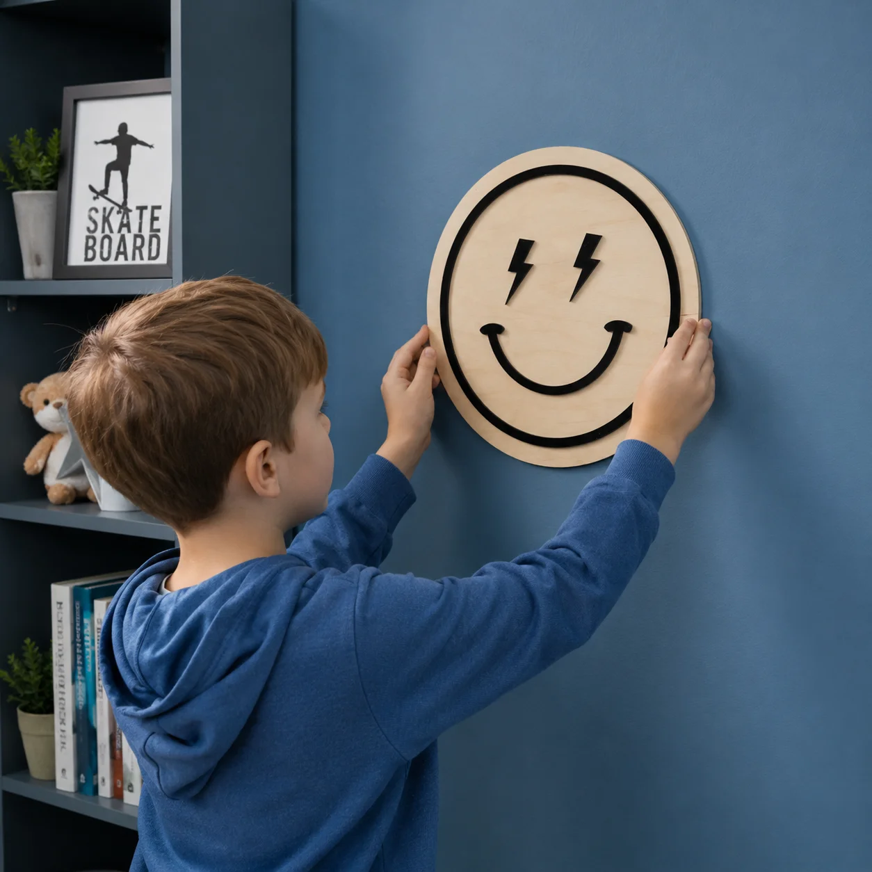 Personalized Lightning Bolt Smiley Face Wooden Sign, Cool Kids Room Wall Decor, Boys Bedroom Nursery Decoration
