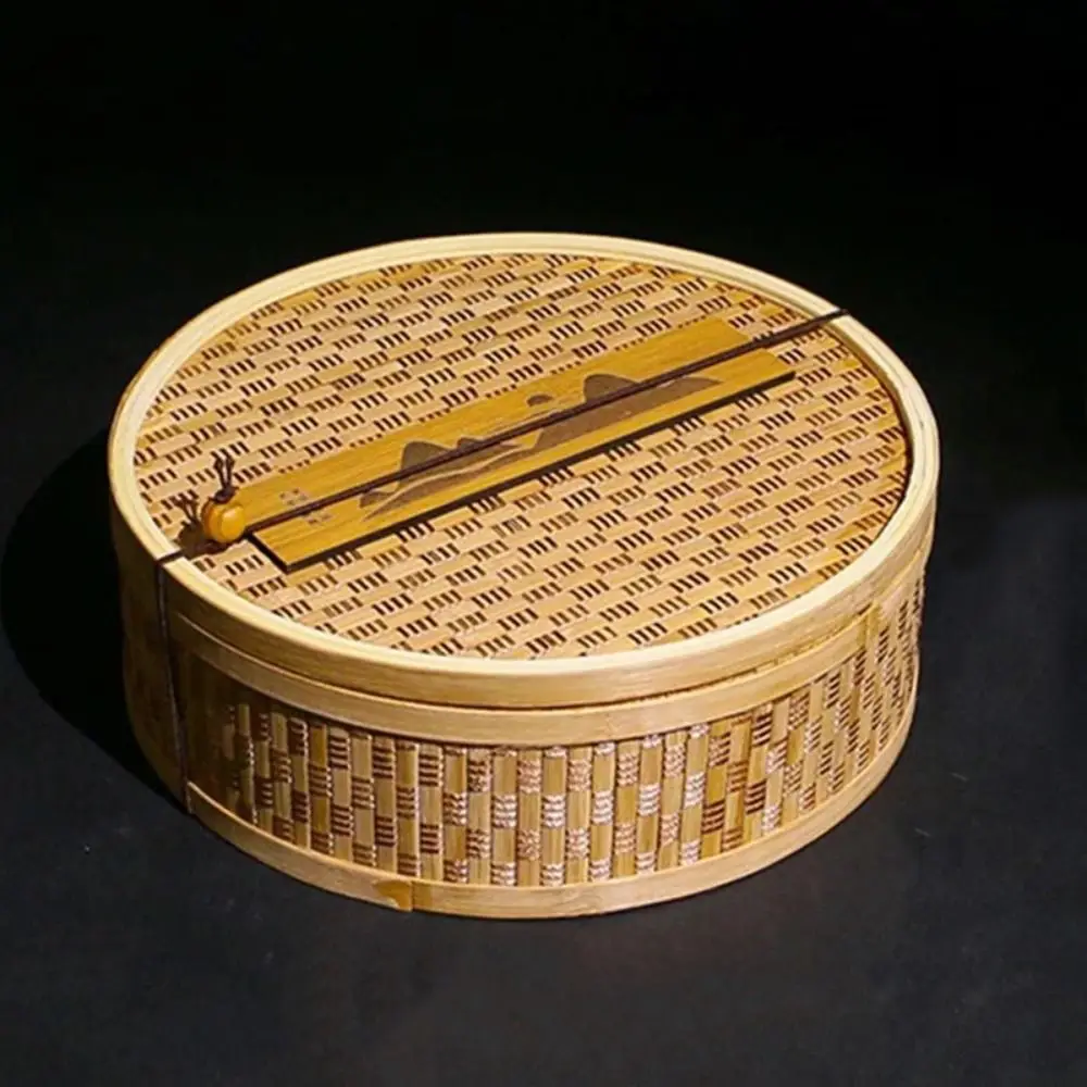 Bamboo Woven Pattern Brick Tea Box Vintage Reusable Empty Storage Box With Lid Eco Friendly Food Basket Pu'er Tea