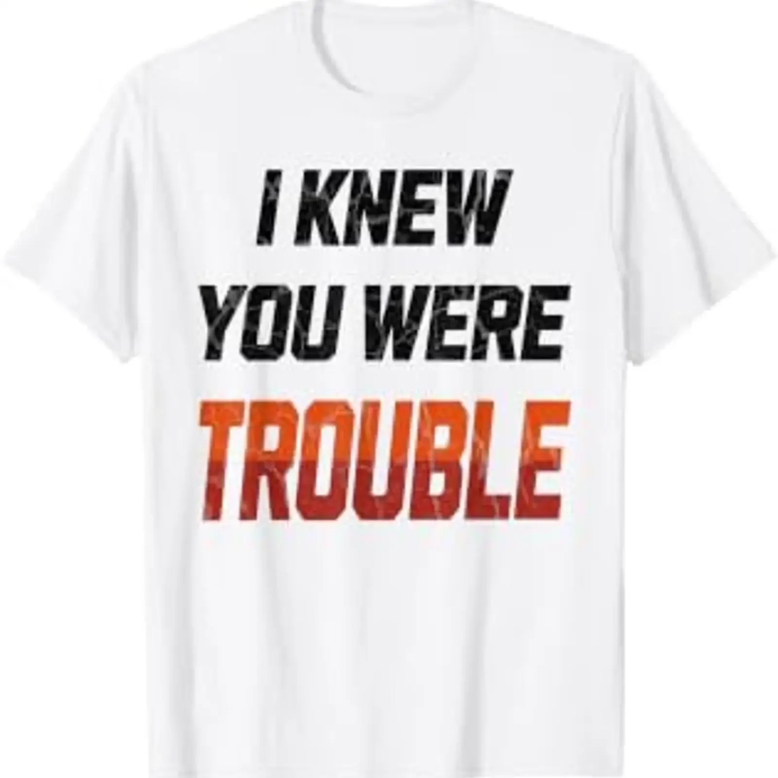 Camiseta con un divertido meme y un mensaje humorístico: «Sabía que ibas a causar problemas». Diseño vintage, efecto desgastado, estampado moderno, estilo actual, unisex, ideal para el uso diario, tejido suave.