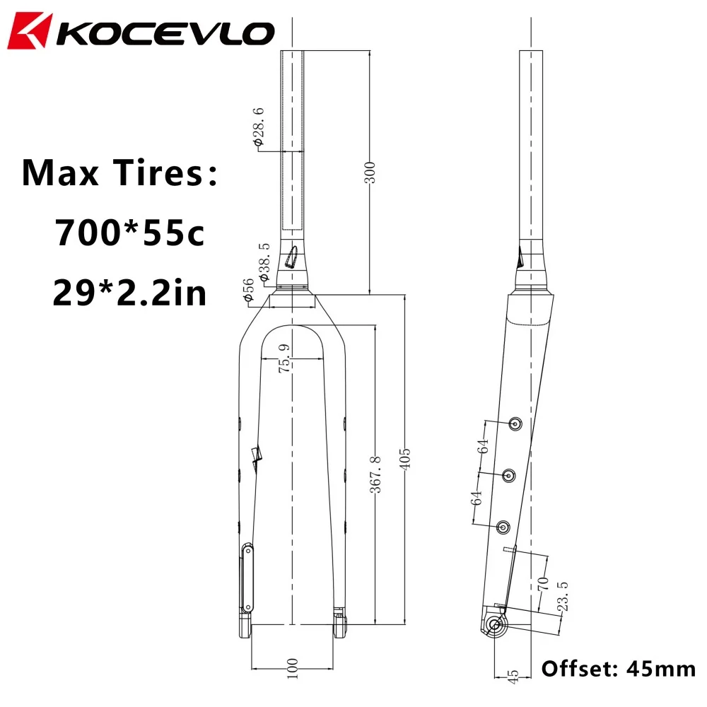 KOCEVLO GF07 Gravel-Gabel aus Carbonfaser, konisch zulaufende Gravel-Fahrrad-Vordergabel, Fahrradgabel 700C x 55C, Steckachse 12x100mm – Detail 2