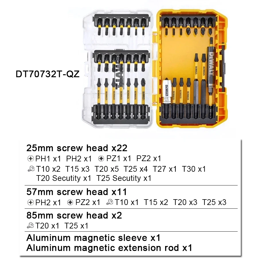 DEWALT 37-częściowy zestaw części wielofunkcyjny śrubokręt z wytrzymałym wkrętak philips zestaw części do wiertarki/śrubokręta DT70732T