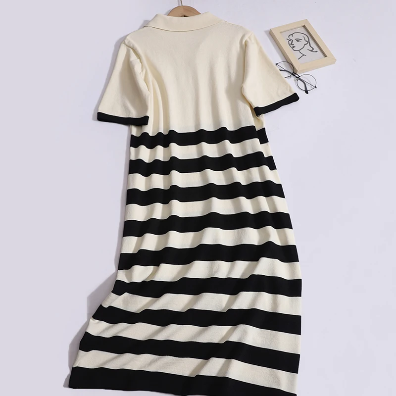 Women Summer Turn-down Collar Contrast Color Striped Short Sleeved Dress Loose Casual Worn Outside Simple Mid-Length Knit Dress