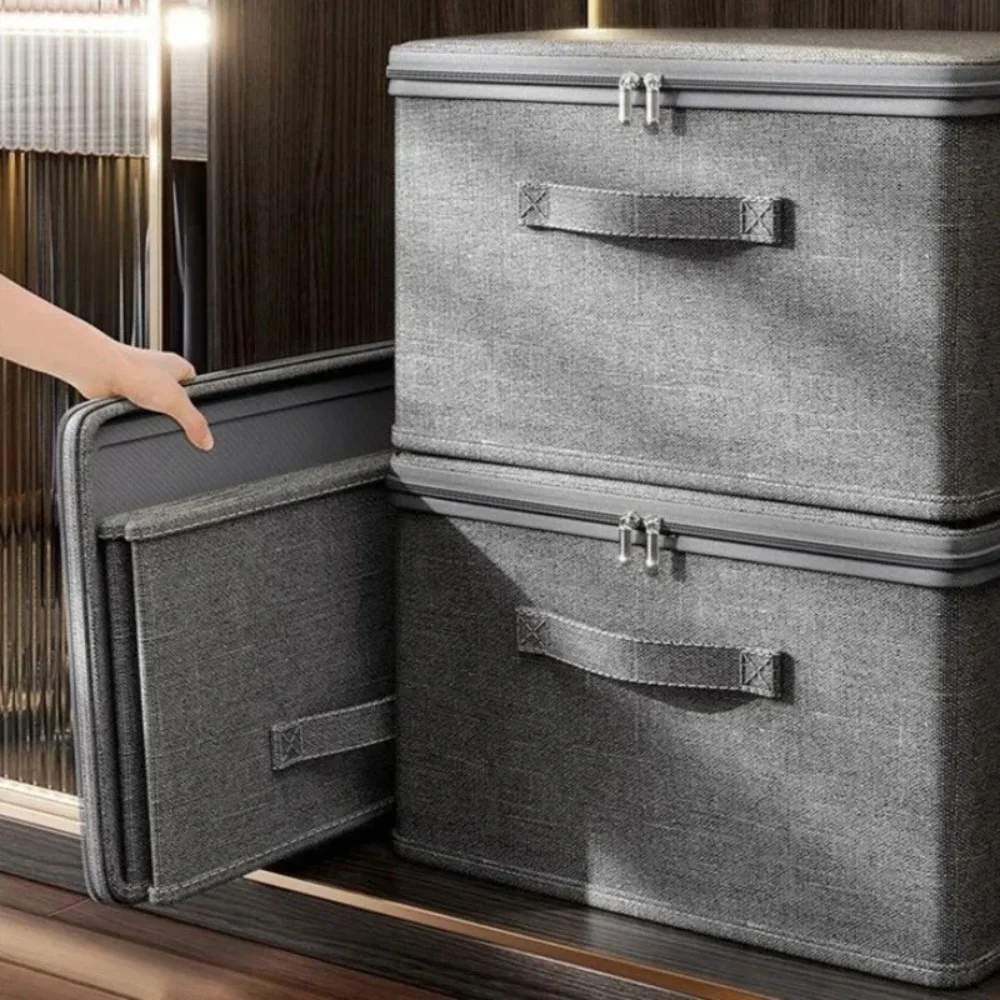 Caja de Almacenamiento Plegable Tipo Lino Premium con Soporte de Tablero Resistente, Contenedor Grande con Cremallera para Ropa JJ2200