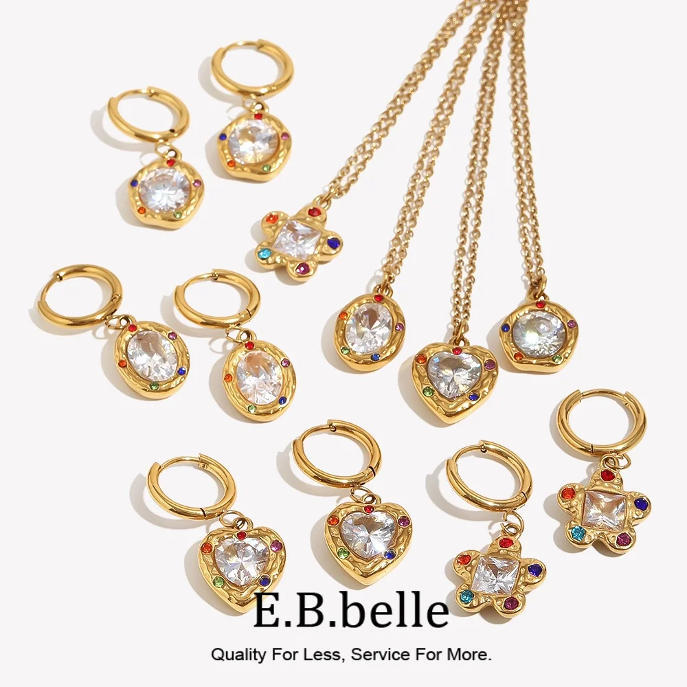 E.B.belle Colorful Dopamine CZ Hammered Heart Flower Jewelry Set 18K Gold Plated Stainless Steel Necklace Huggie Dangle Earrings