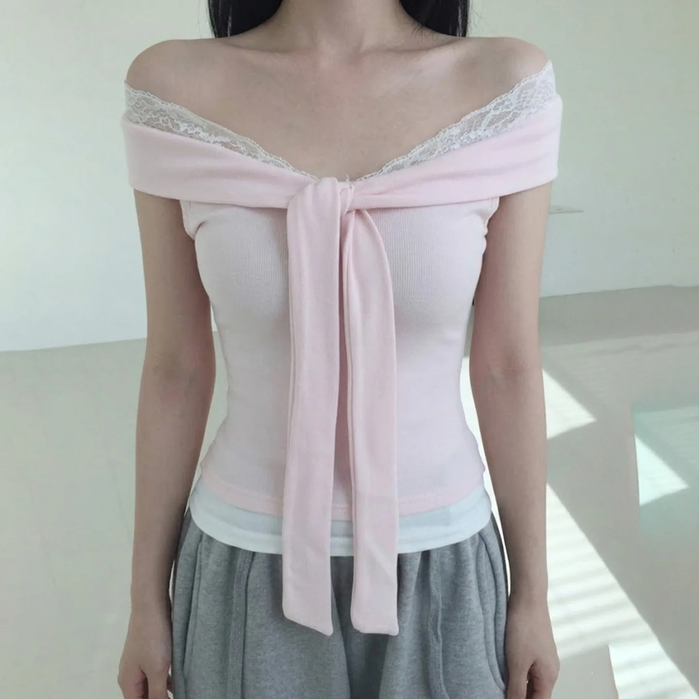 

2026 New One-word Shoulder Lace Splicing Top Bow Lace-up Solid Color T-shirt