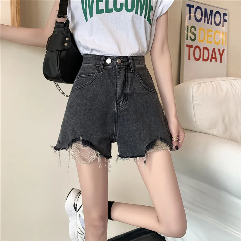 

Versatile High Waist Denim Orts Women Summer Chic Loose Fit Torn Hole Sexy Hollow Out Orts Wide Leg Hot Pants Pure Color Orts