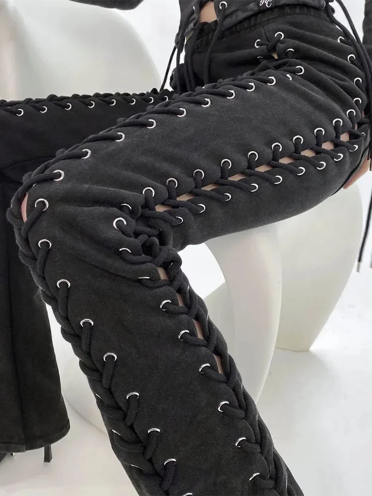 Knitted Slit Hollow Women Pants High Waist Lace Up See Through Streetpant Femme Solid Slim Fashion Streetwear Pant Ladies Sexy