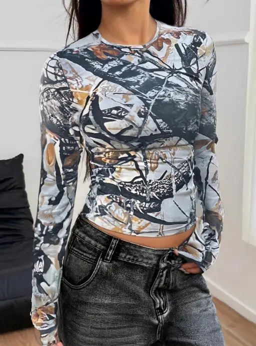 موضة جديدة مثير Y2K فتاة ساخنة نمط مطبوعة بأكمام طويلة المرأة قاعدة قميص تي شيرت الملابس النسائية 2025 الخريف والشتاء