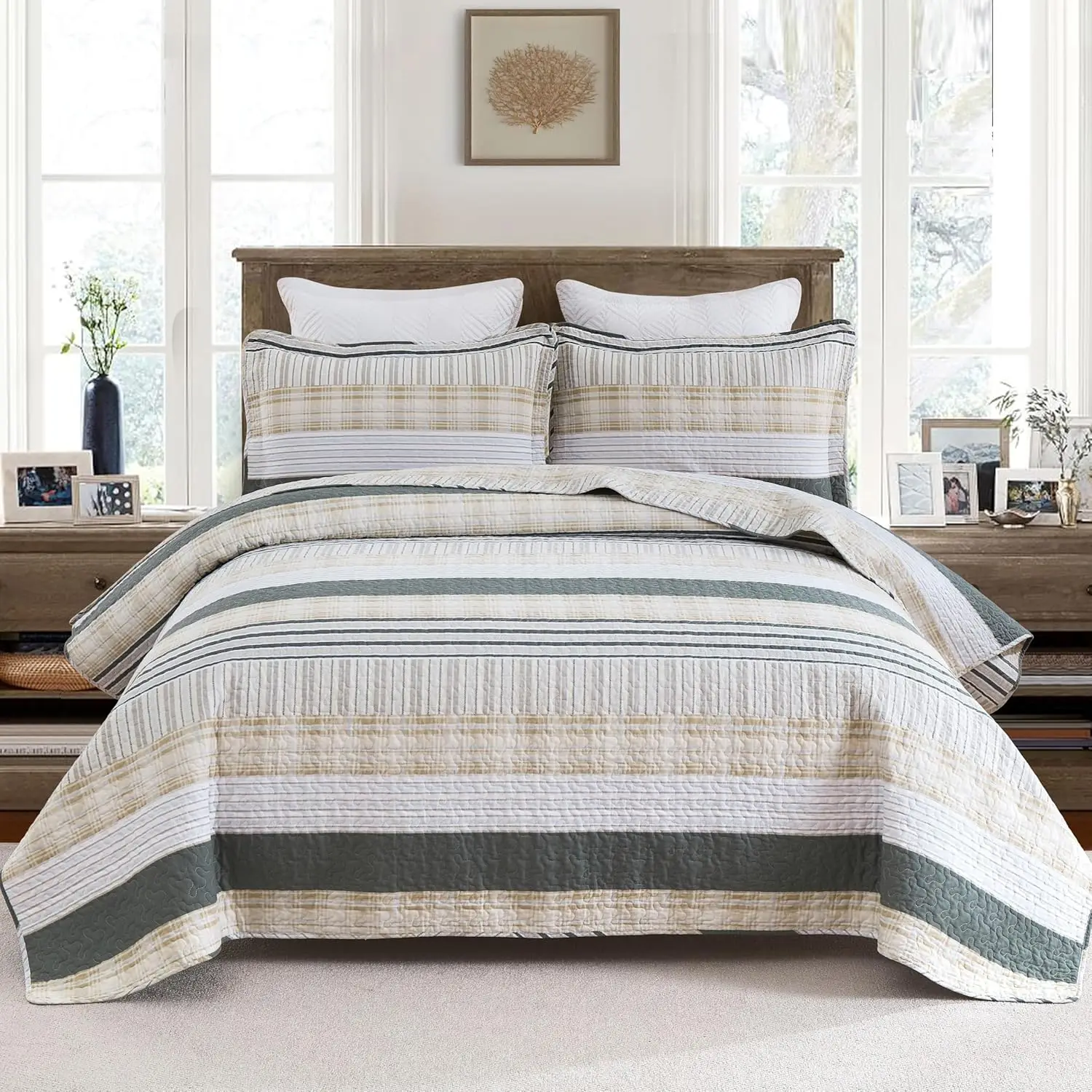 

Комплект постельного белья King Size из хлопка, бежево-серый клетчатый узор с полосатым покрывалом, 3 предмета (106x98 дюймов)