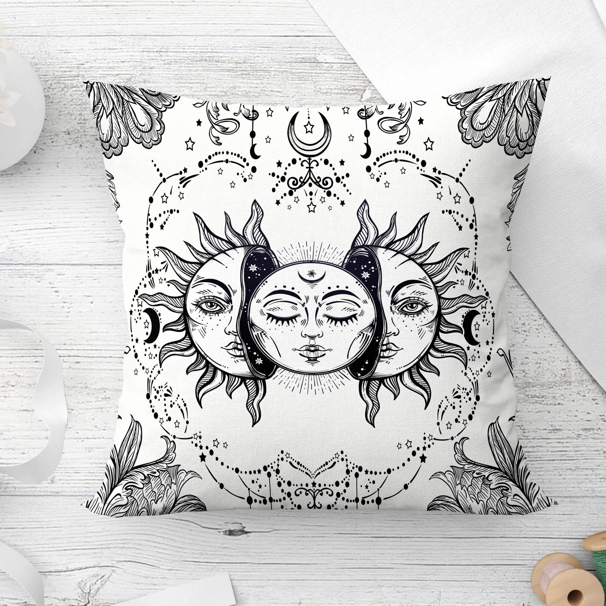 45x45cm Zodiac Tarot Cushion Cover Funny Decor Pillow Case Black White Sun Moon Square Home Retro Star Mandala Pillowcase