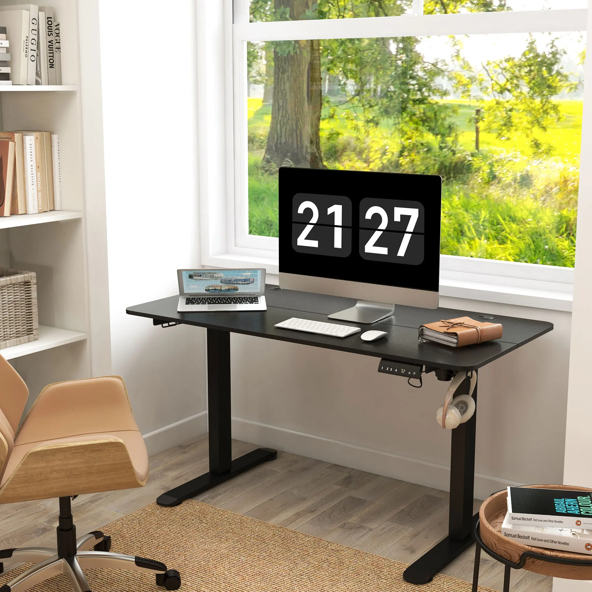 Bureau électrique réglable en hauteur 72-116 cm, plateau en panneau de particules 140x70 cm, noir, avec protection anti-collision et anti-surchauffe, 4 préréglages mémoire, passe-câbles et crochets.