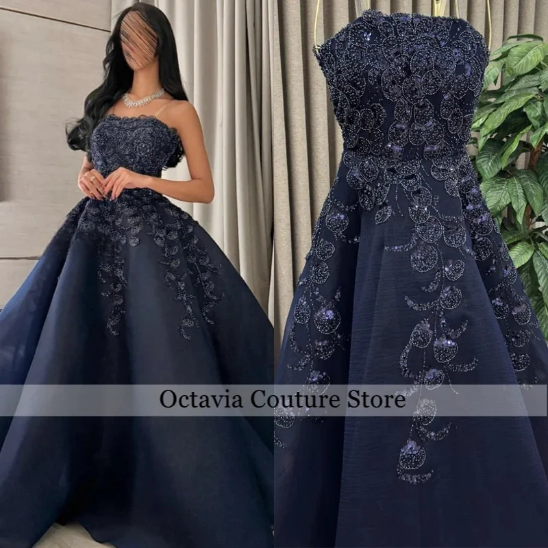 

Customized Exquisite Navy Blue Organza Celebrity Gowns Sparkly Sequined Homecoming Dress Simple A-Line Strapless Evening Dresses