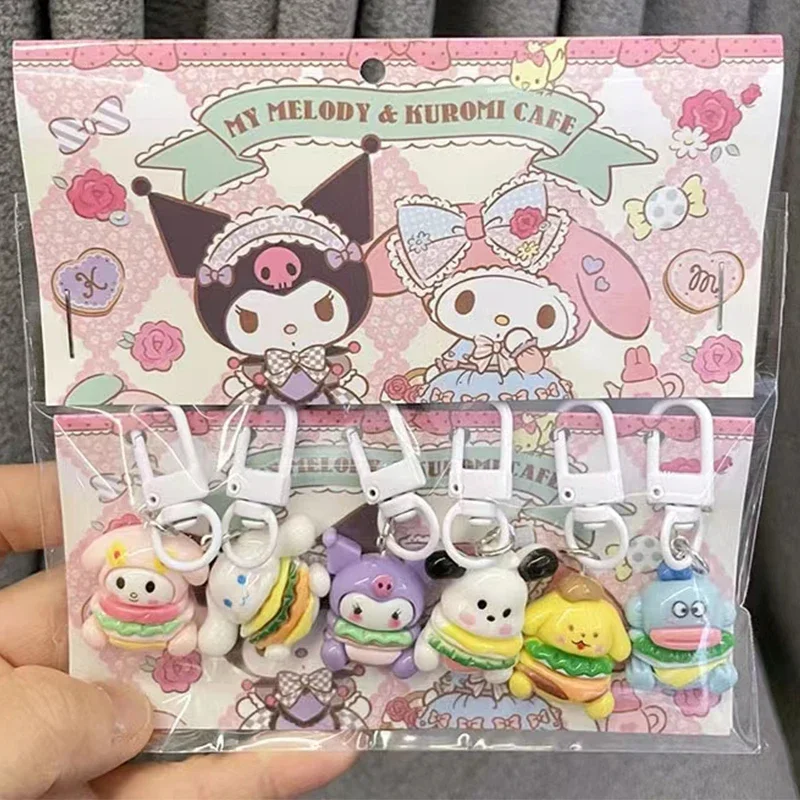 6Pcs/Set Sanrio Anime Cute Bag Keychain Cartoon Kuromi Cinnamoroll Pochacco MyMelody Pendant Girly Items Pendant Rope Decoration