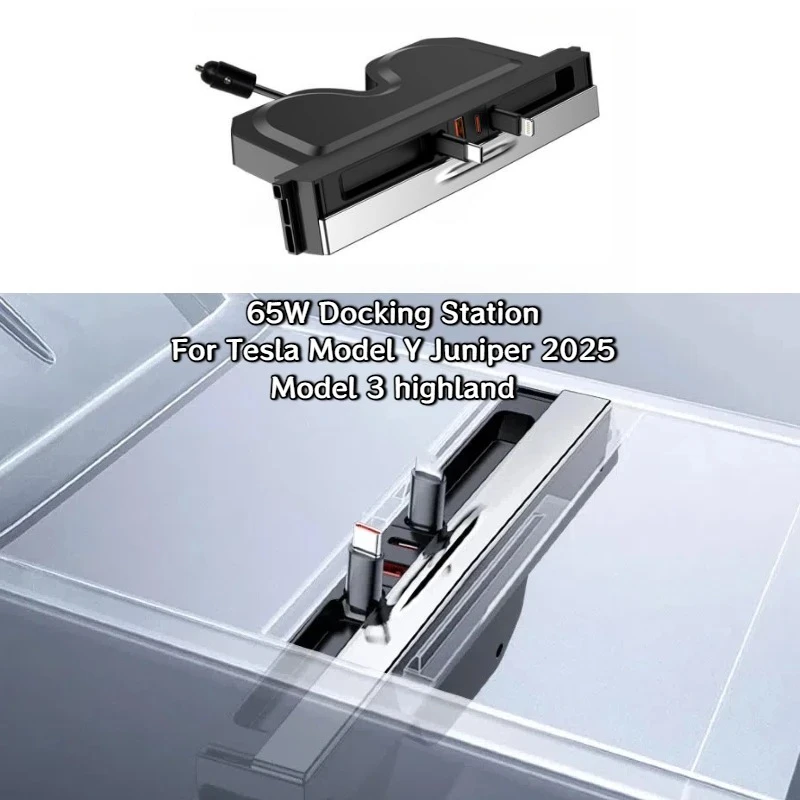 

Central Control 65W Docking Station for Tesla Model Y Juniper 2025/Model 3 Highland Multifunction 1 To 4 TYPE-C Fast Charging