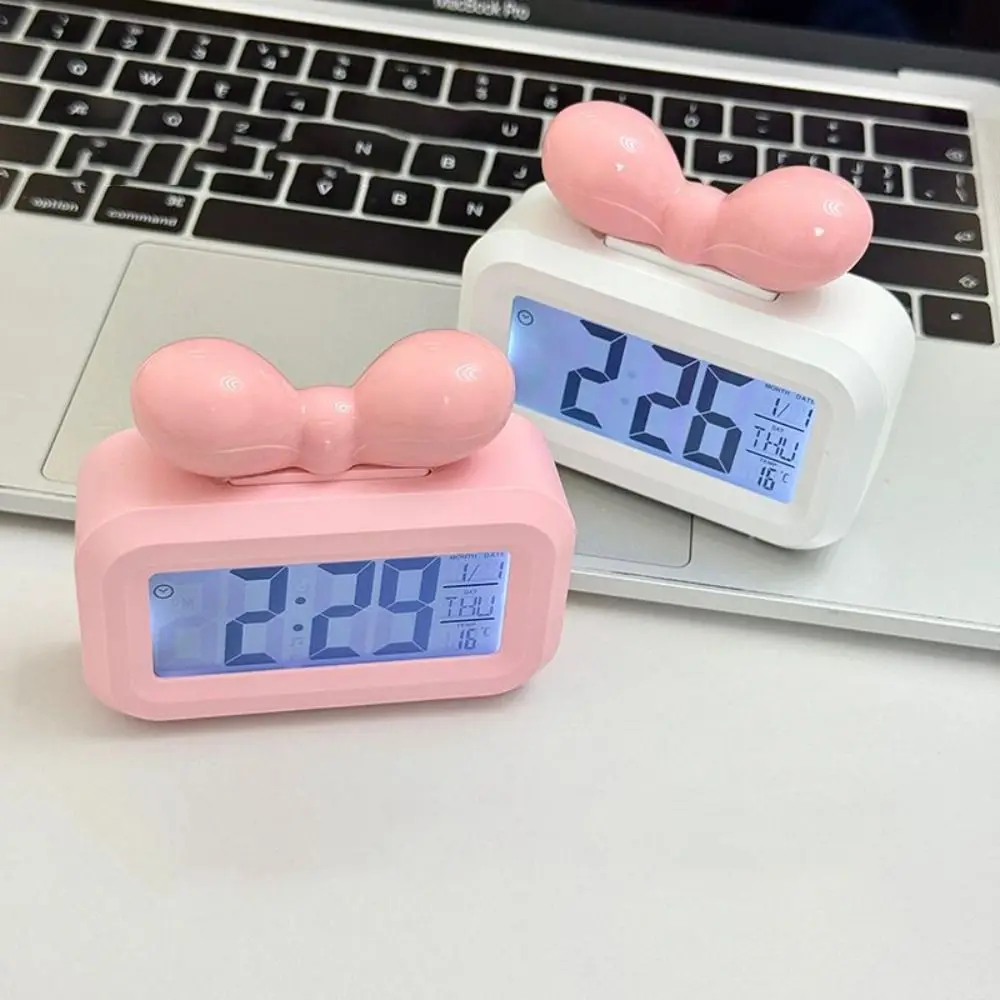 Cute Bowknot LED Digital Clock with Night Light Mini Alarm Clock Gift Temperature Detection Desktop Clock Bedside Decoration