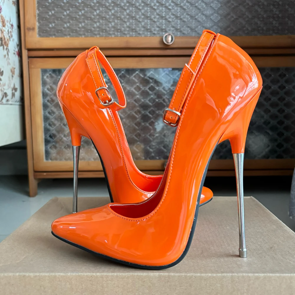 Super High Heels 16cm Stilettos Sexy Women Oange Dress Shoes Pumps Ankle Strap Fetish Party Unisex Man Shoes Big Szie 44 45 46