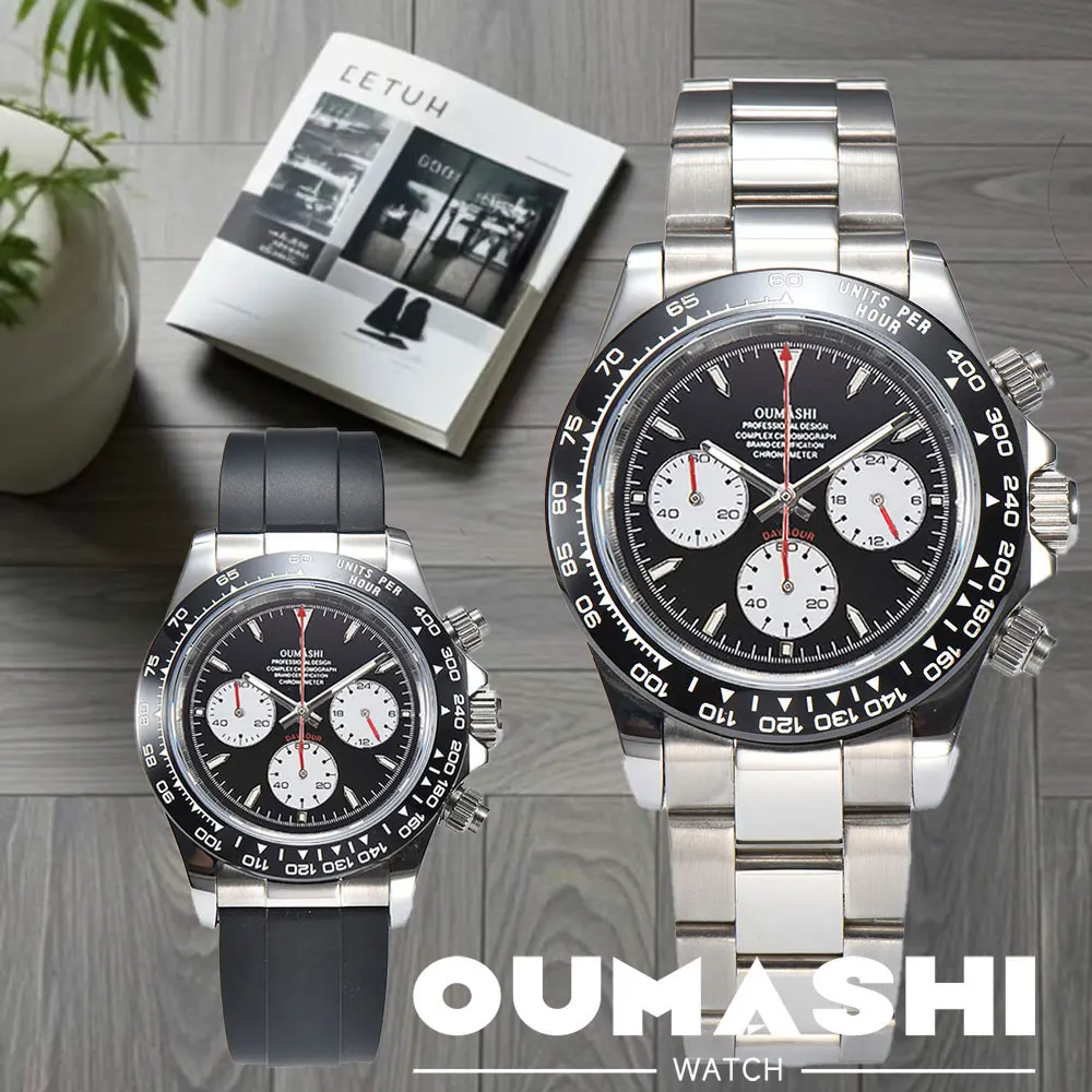 

39mm silver men's watch VK63 movement chronograph sapphire glass stainless steel strap business men waterproof wristwatch 10Bar