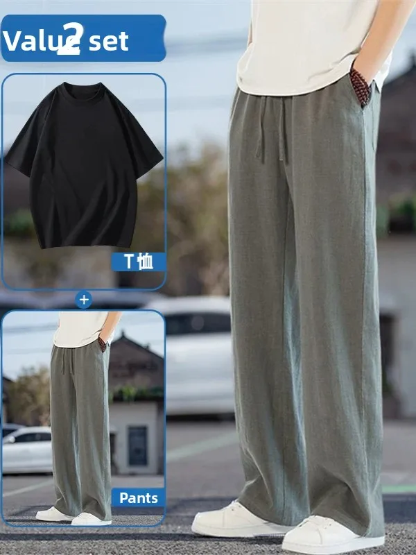 

Casual Cotton Linen Men's Summer Thin Straight Loose Long Pants T-irt Set Lightweight Breathable Comfortable Youth Faion